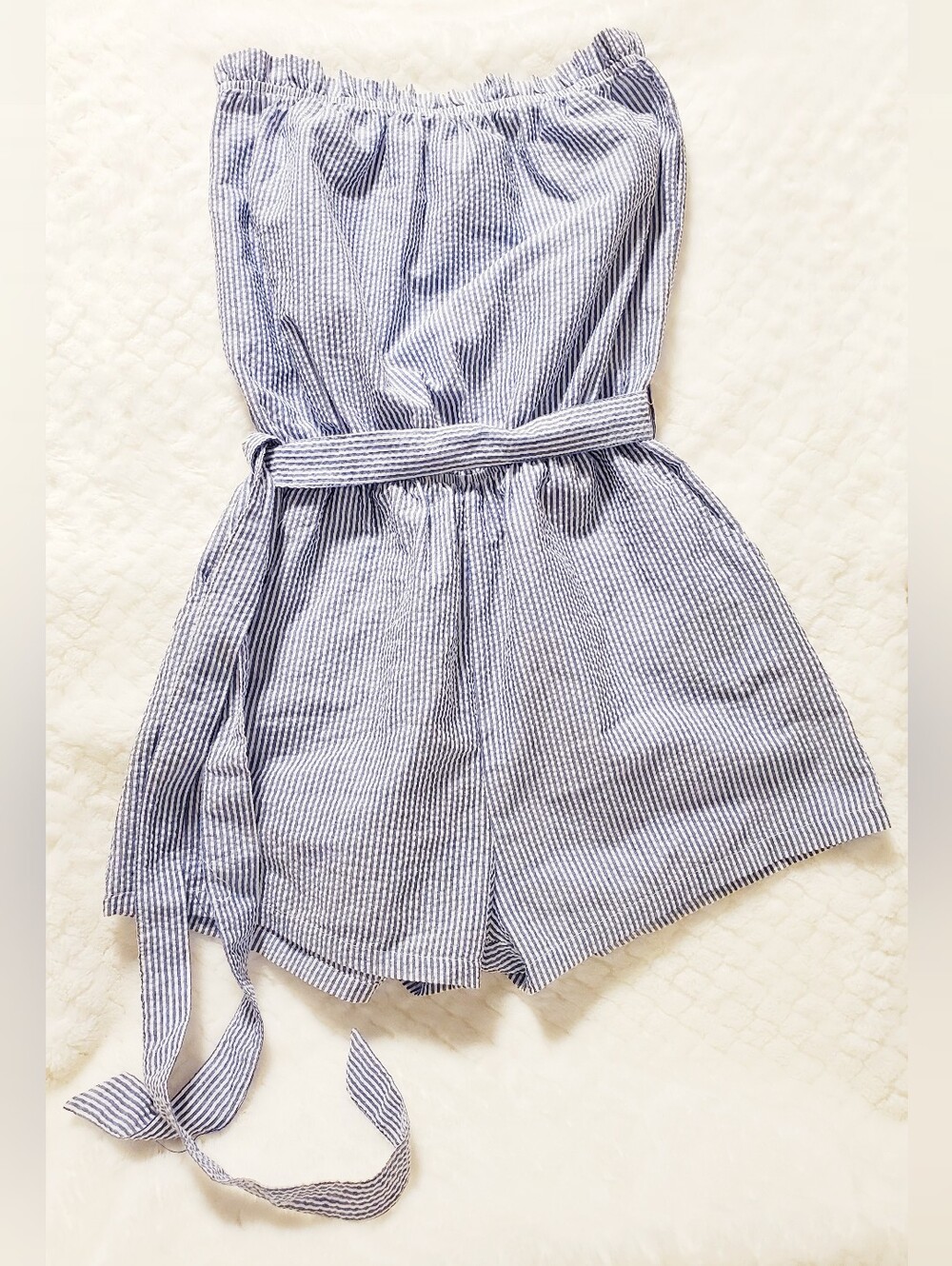 Tropik Striped Blue And White Strapless Romper with Tie Waist